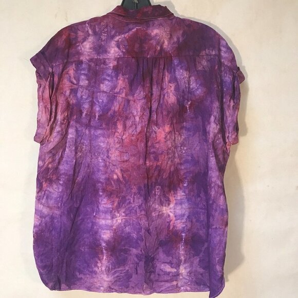 Andrew Marc Purple Cotton Blouse Button Up Sleeveless Tie Dye Size Medium Dyed - Picture 5 of 5